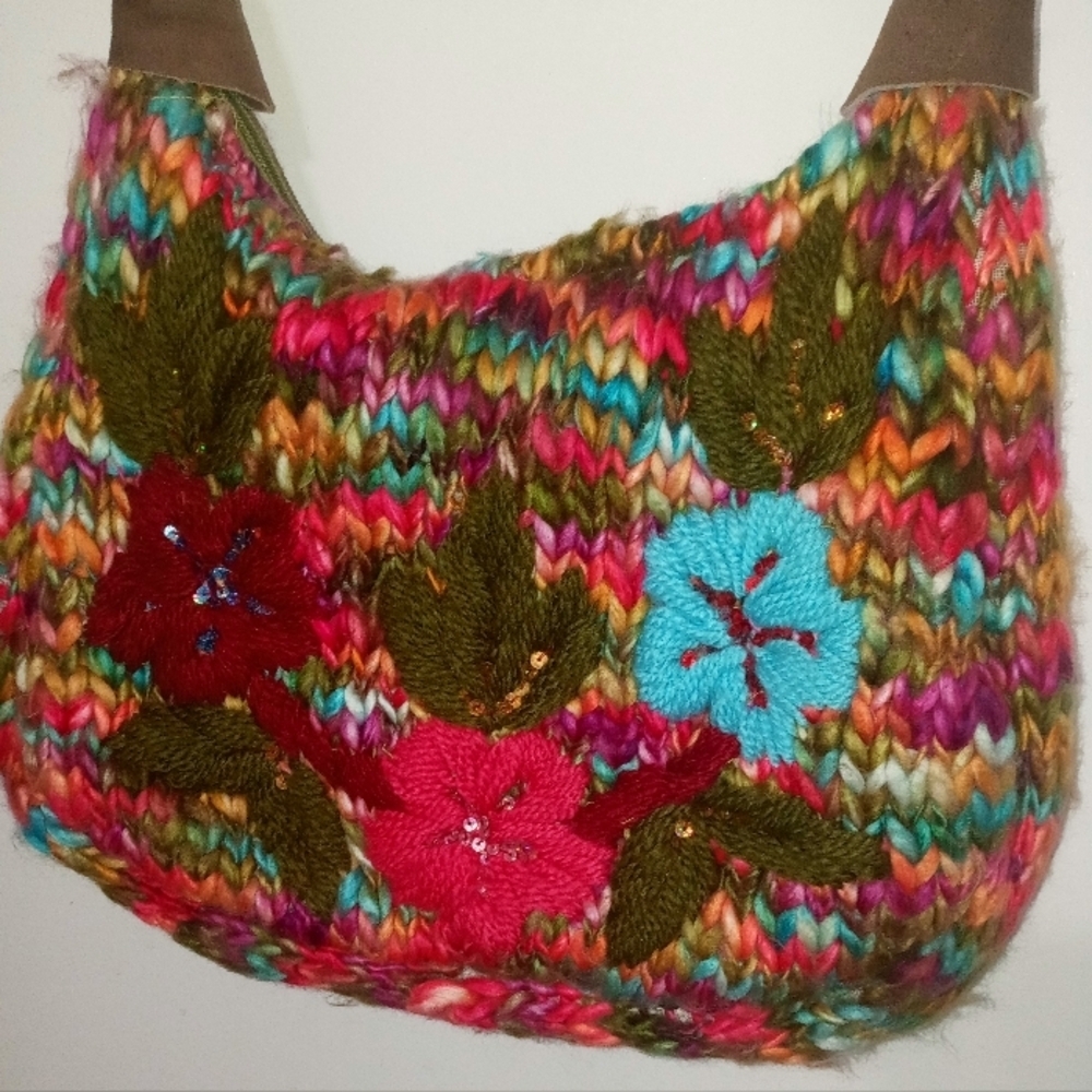 Retro 70's Style Colorful Knit Hippie Bag w Crochet floral and sequin Accents